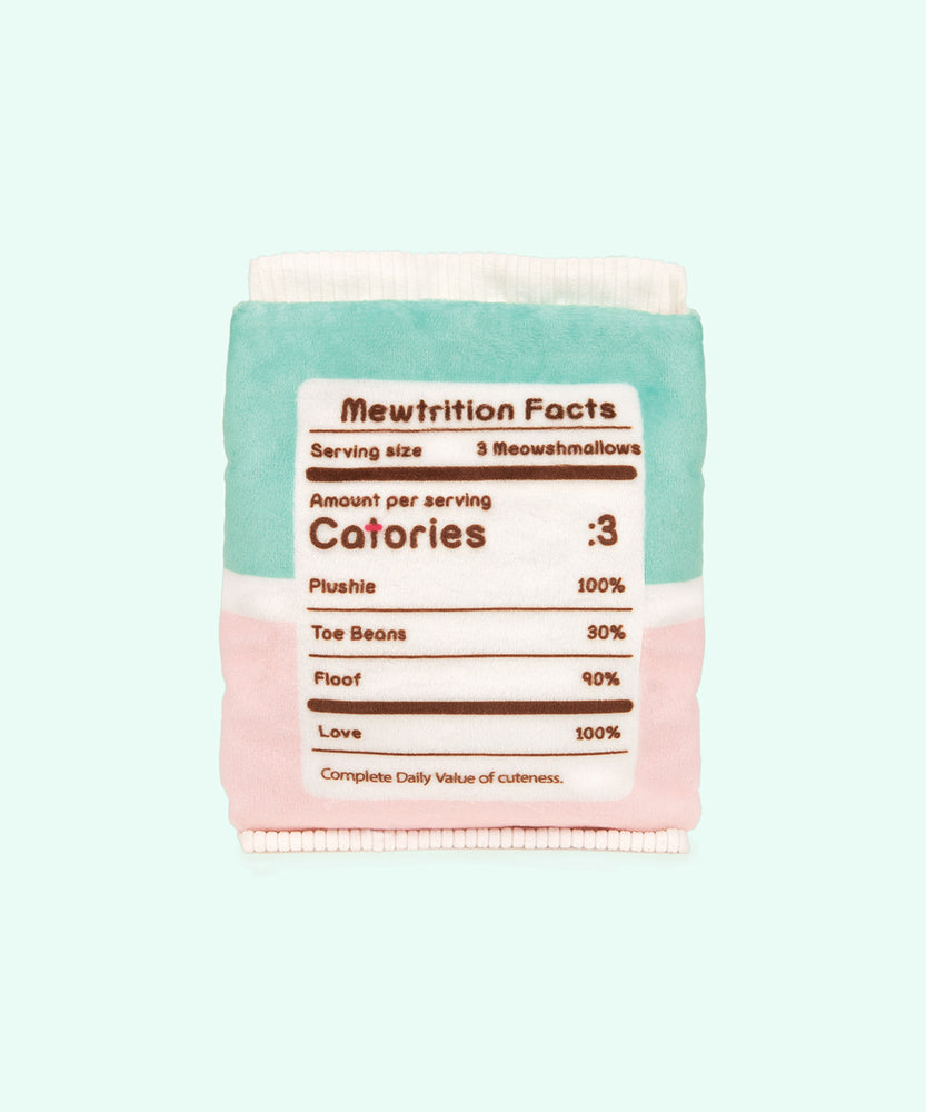 Back view of the Pusheen Meowshmallows bag with Mewtrition Facts to look like Nutrition Facts on food items.  