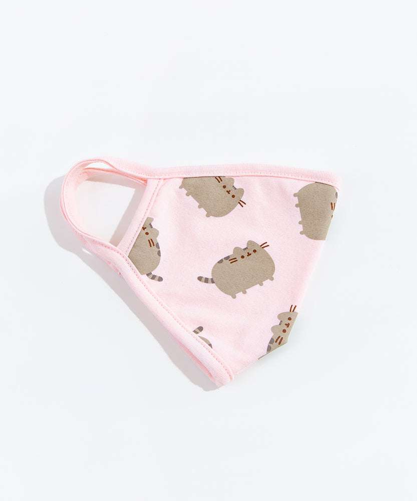 The Pusheen Patterned Face Mask folded in half on top of a white background.