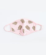 A pink cloth face mask featuring a repeating pattern of a lineless Pusheen scattered about in different directions. The rim around the face mask and the cloth ear loops are a solid pink.