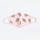 A pink cloth face mask featuring a repeating pattern of a lineless Pusheen scattered about in different directions. The rim around the face mask and the cloth ear loops are a solid pink.