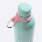 Close up of the top view of the Pusheen Stainless Steel Waterbottle. The cap is not perfectly smooth, but has some ridges around the top edge. The Pink carabiner loop fits snuggly around the neck of the bottle.