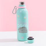 The Pusheen Stainless Steel Waterbottle with it’s cap removed and placed besides it, placed in front of a white and pink background. The Pusheen design on the bottle does not have any outlines, giving the graphic a soft look. The word ‘Stay’ is in pink cursive and the word ‘Cool’ is in white arial. 