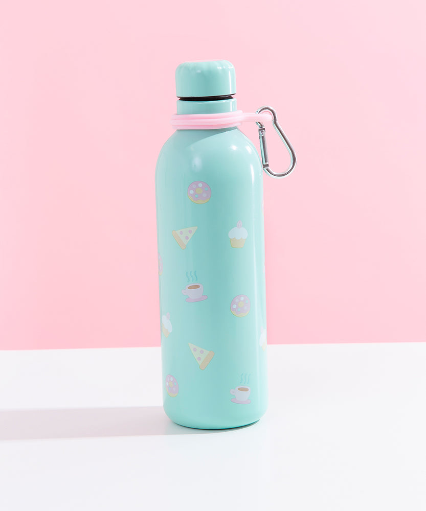 The back of the Pusheen Stainless Steel Waterbottle, which features a repeating pattern of donuts, pizza slices, cupcakes and coffee cups.