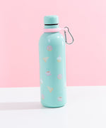 The back of the Pusheen Stainless Steel Waterbottle, which features a repeating pattern of donuts, pizza slices, cupcakes and coffee cups.
