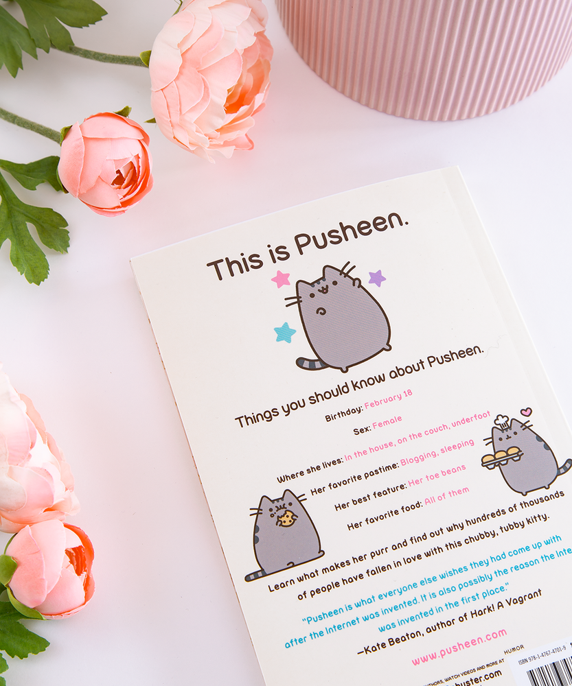 Back view of the I Am Pusheen the Cat Book, with pink peonies and a pink ribbed pot above it. The back of the book features illustrations of Pusheen and copy introducing the character. Underneath is a quote from Kate Beaton, author of Hark! A Vagrant and the Pusheen website.