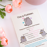 Back view of the I Am Pusheen the Cat Book, with pink peonies and a pink ribbed pot above it. The back of the book features illustrations of Pusheen and copy introducing the character. Underneath is a quote from Kate Beaton, author of Hark! A Vagrant and the Pusheen website.