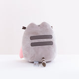 Back view of the Pushen with Rainbow Plush in front of a white background. Pusheen’s back has the standard two back stripes and a striped tail. Pusheen’s whiskers and rainbow stick out partially from the other side. The information tag for the plush is located to the left of the tail.