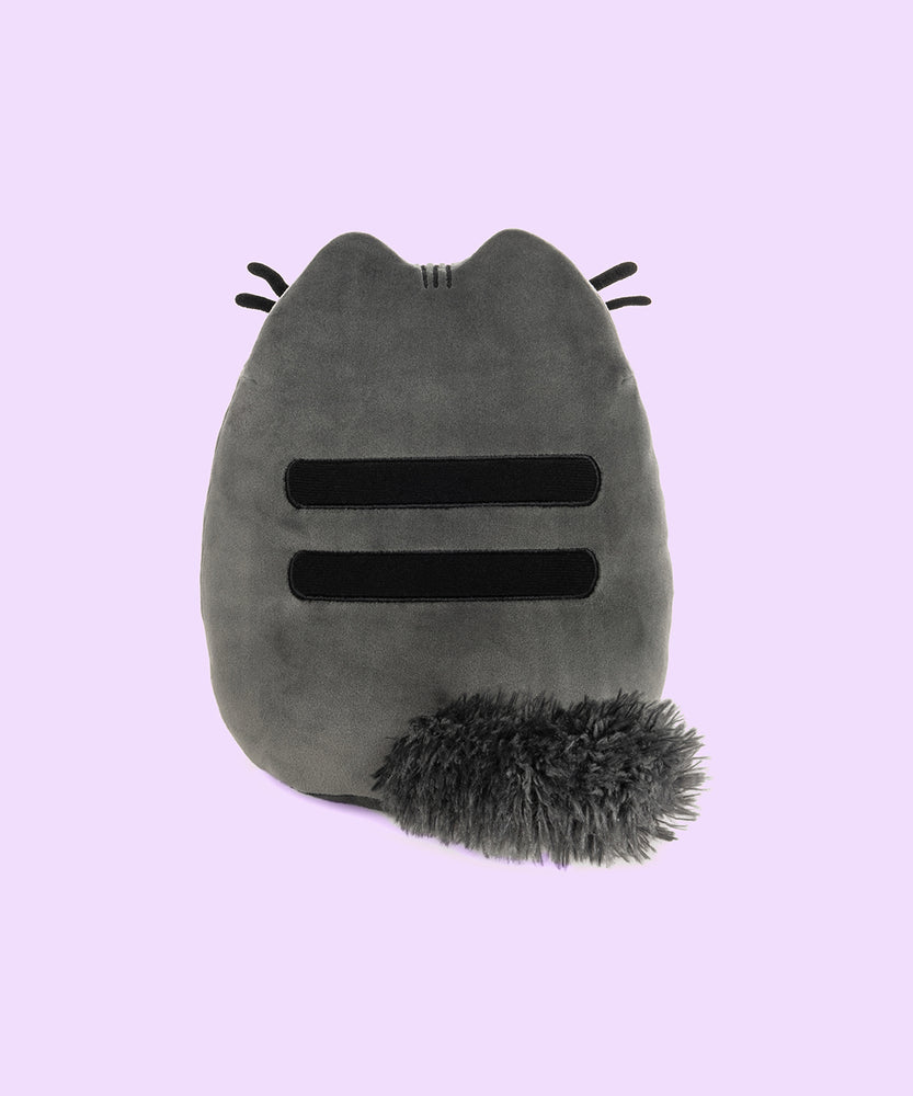 Back view of Pusheen Scaredy Cat Squisheen. This view shows Pusheen’s back stripes and her classic tail has turned scaredy and is shown all fluffed out. 