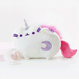 An animated gif transitioning from the Super Pusheenicorn Musical Plush standing on her legs in the light to standing in the dark, the lights on her horn and mane shining through. There is a sparkly crescent moon besides Super Pusheenicorn.