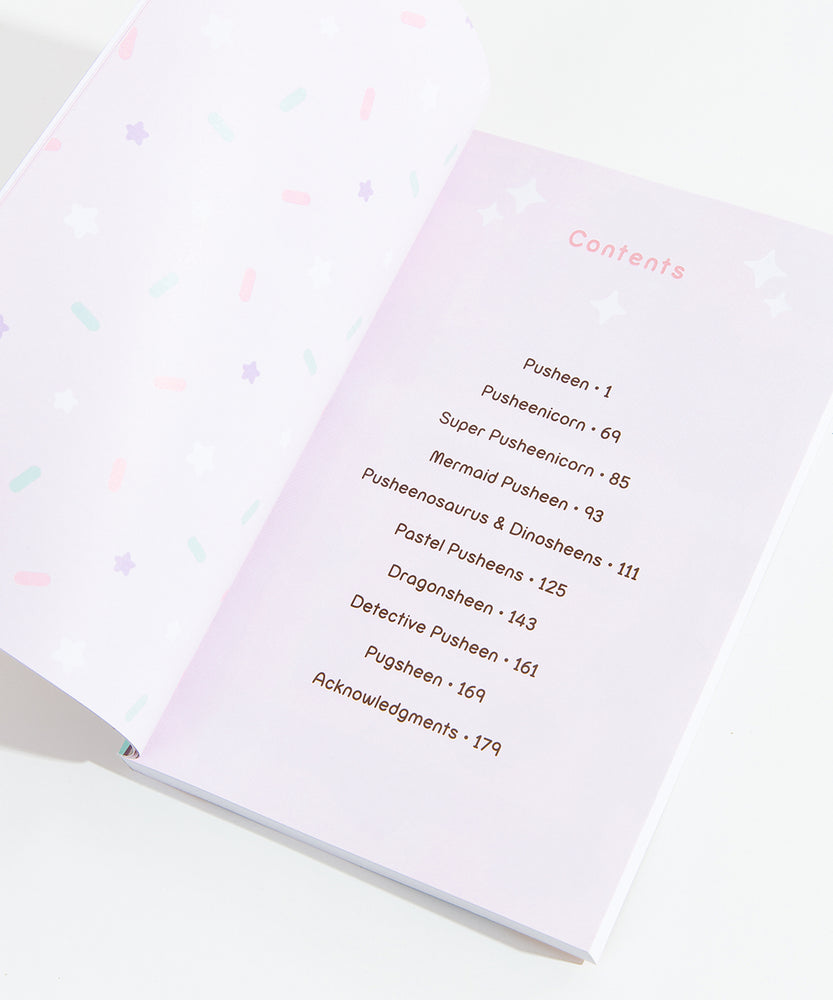 The inside of the book, showing the contents page. The contents page features Pusheen, Pusheenicorn, Super Pusheenicorn, Mermaid Pusheen, Pusheenosaurus & Dinosheens, Pastel Pusheens, Detective Pusheen, Pugsheen, and Acknowledgements.