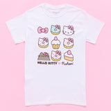 The Hello Kitty x Pusheen tee laid flat on a pink background. 