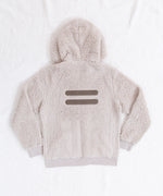 The back of the character hoodie on top of a fuzzy white background. The back features Pusheen's two dark grey stripes embroidered in the middle of the back. 