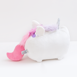 Back view of the Super Musical Pusheenicorn Plush in front of a white background. The sparkly horn, the man, the wings, part of the 2nd back stripe, the plush tail and the plush tag are all visible from the back. 